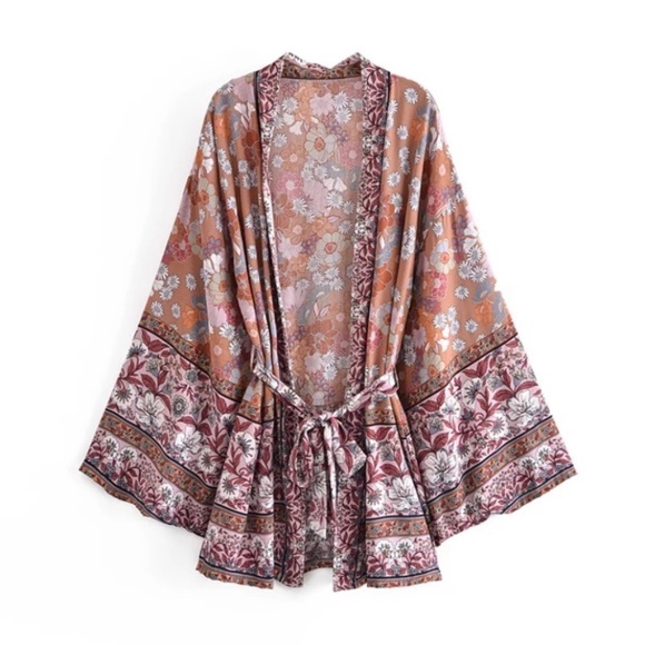 Pink Boho Multi Color Floral Short Kimono Wrap Top - Picture 1 of 3